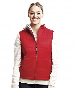 woman wears red personalised gilet